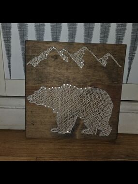 Handmade Bear String Art on Stained Wood - White
